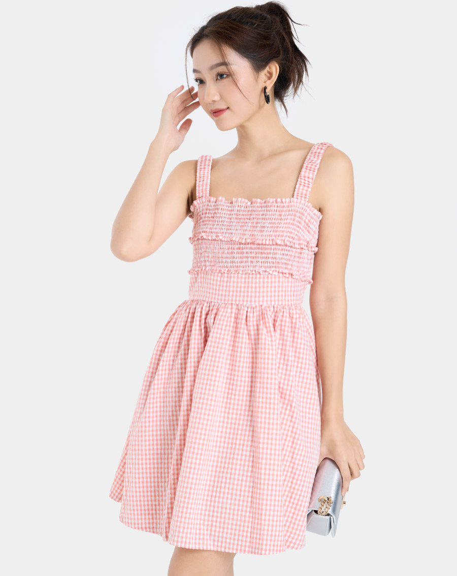 Đầm caro 2 dây smocking - Image 4
