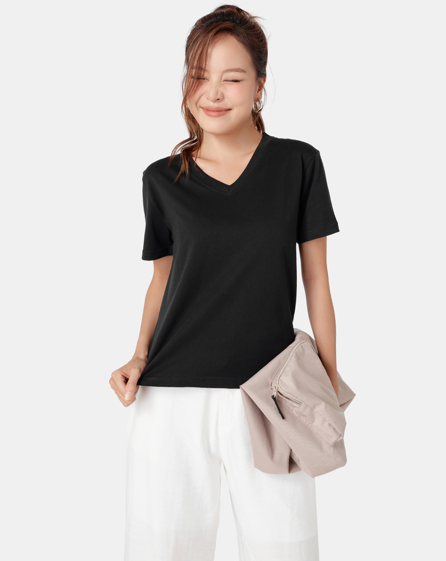 Áo thun trơn màu cổ tim form fit - Image 2