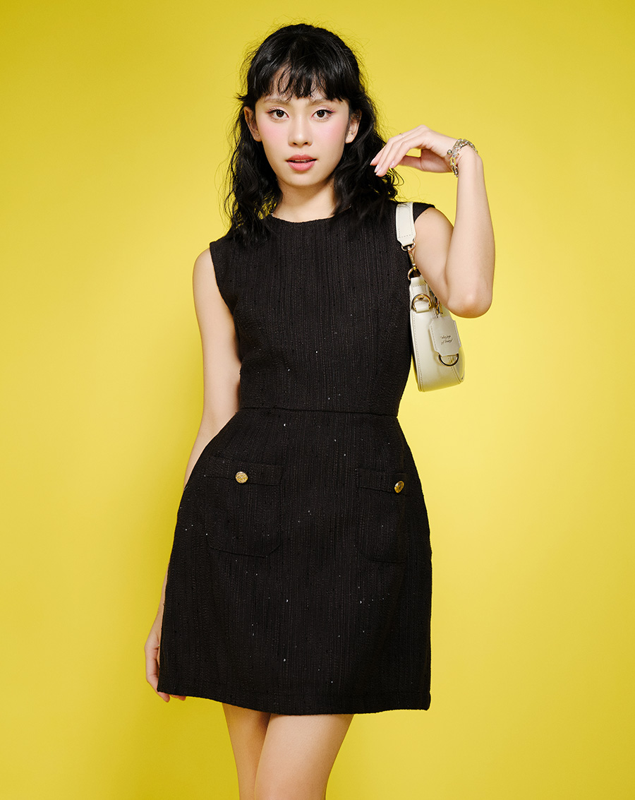 Đầm mini vải tweed phối túi - Image 1