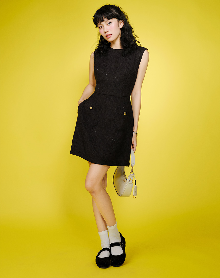 Đầm mini vải tweed phối túi - Image 2