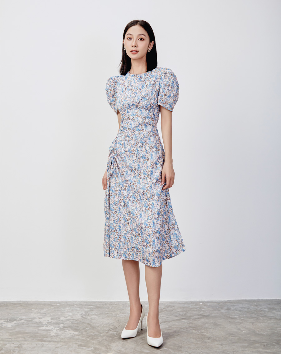 Đầm lửng rút nhún in hoa - Image 1