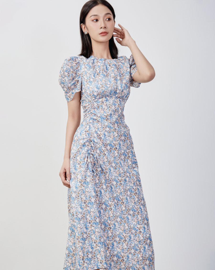 Đầm lửng rút nhún in hoa - Image 3