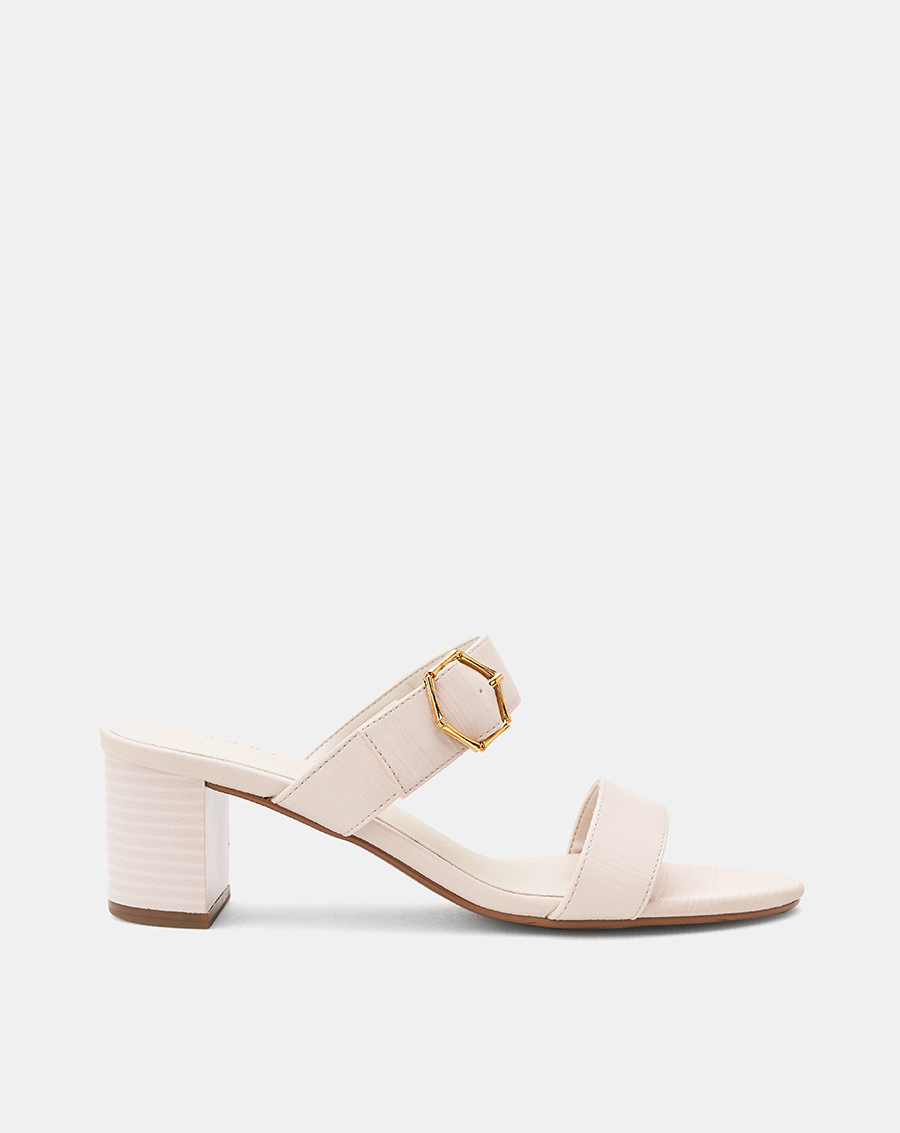 Giày Sandal Gót Vuông Quai Ngang Phối Khóa Trang Trí