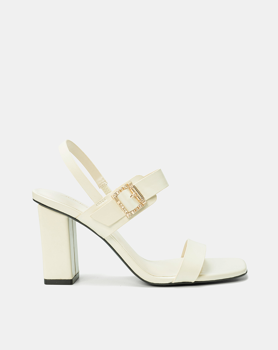 Giày Sandal Gót Vuông Quai Ngang Phối Khóa Trang Trí