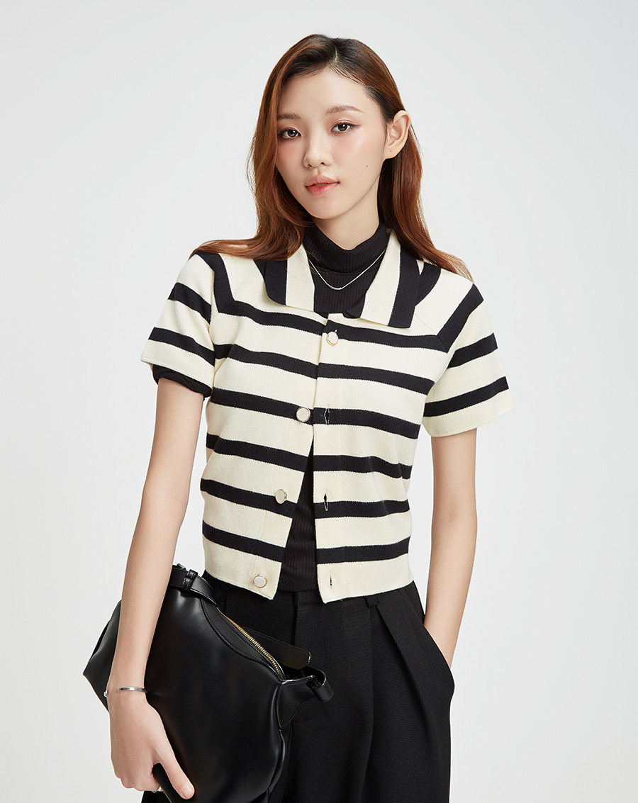 Áo dệt sọc form sơmi boxy tay ngắn - Image 1