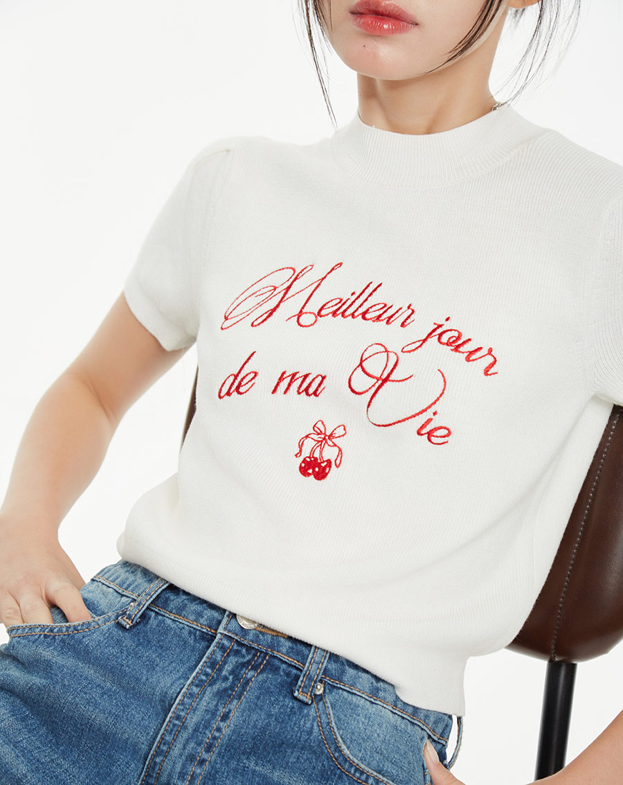 Áo dệt kim cổ lọ thêu chữ “Meilleur jour de ma vie” - Image 6