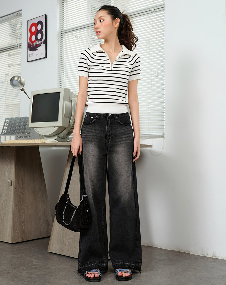 Quần jean lai tua rua túi thêu chữ "Junoclub" - Image 1