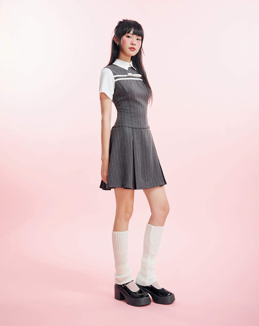 Đầm mini phối màu trang trí dây nơ - Image 1