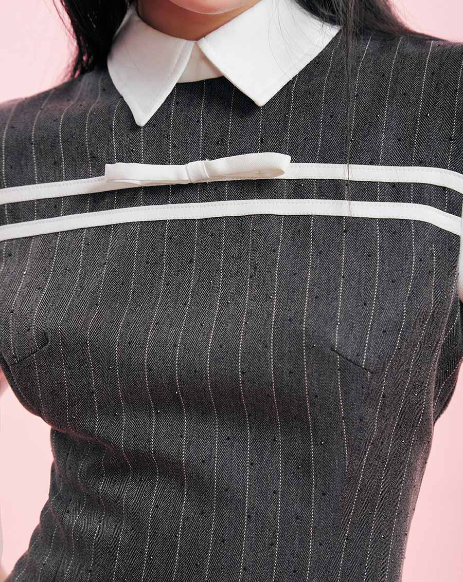 Đầm mini phối màu trang trí dây nơ - Image 2