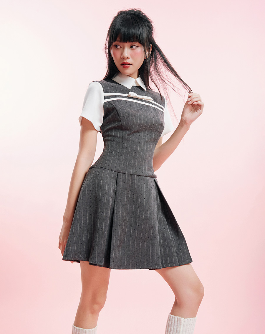 Đầm mini phối màu trang trí dây nơ - Image 4