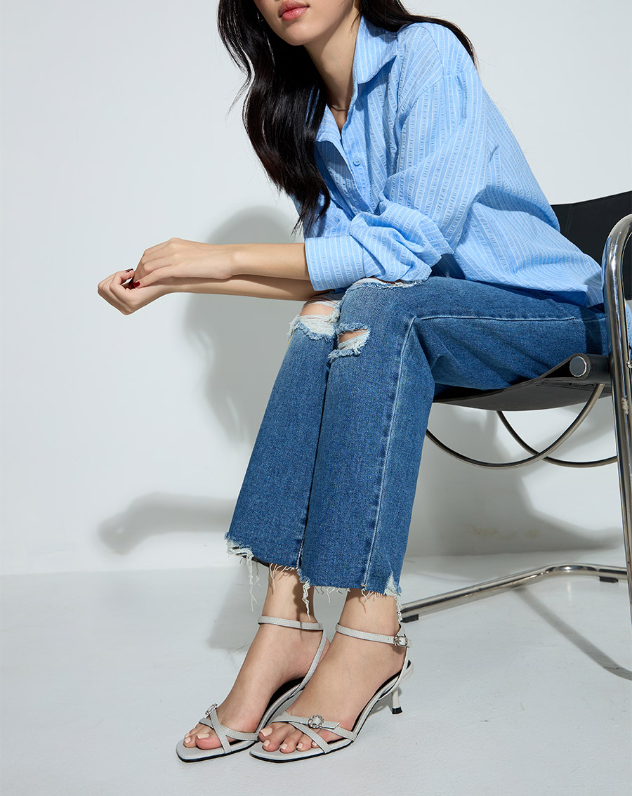 Giày Sandal Cao Gót Quai Chéo Buckle Đính Đá - Image 2