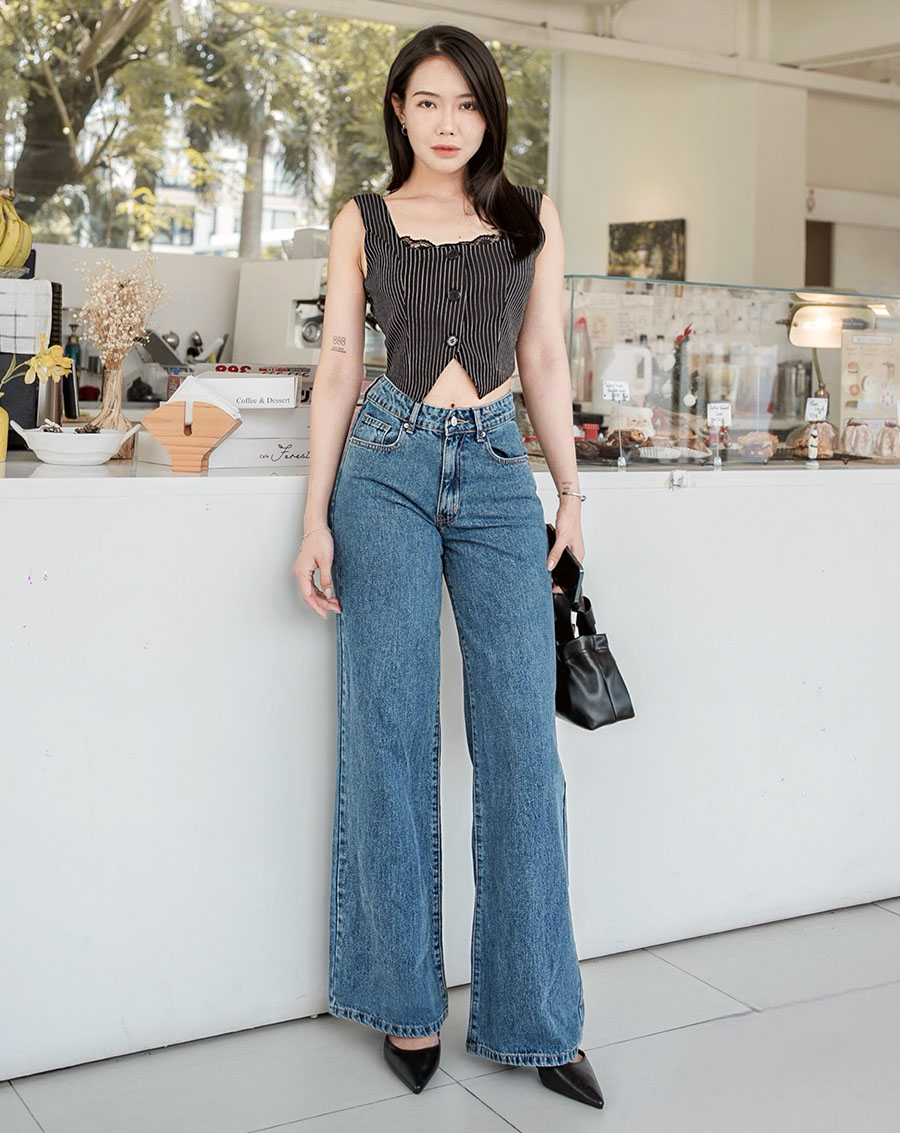 Quần Denim cạp trễ ống suông - Image 1