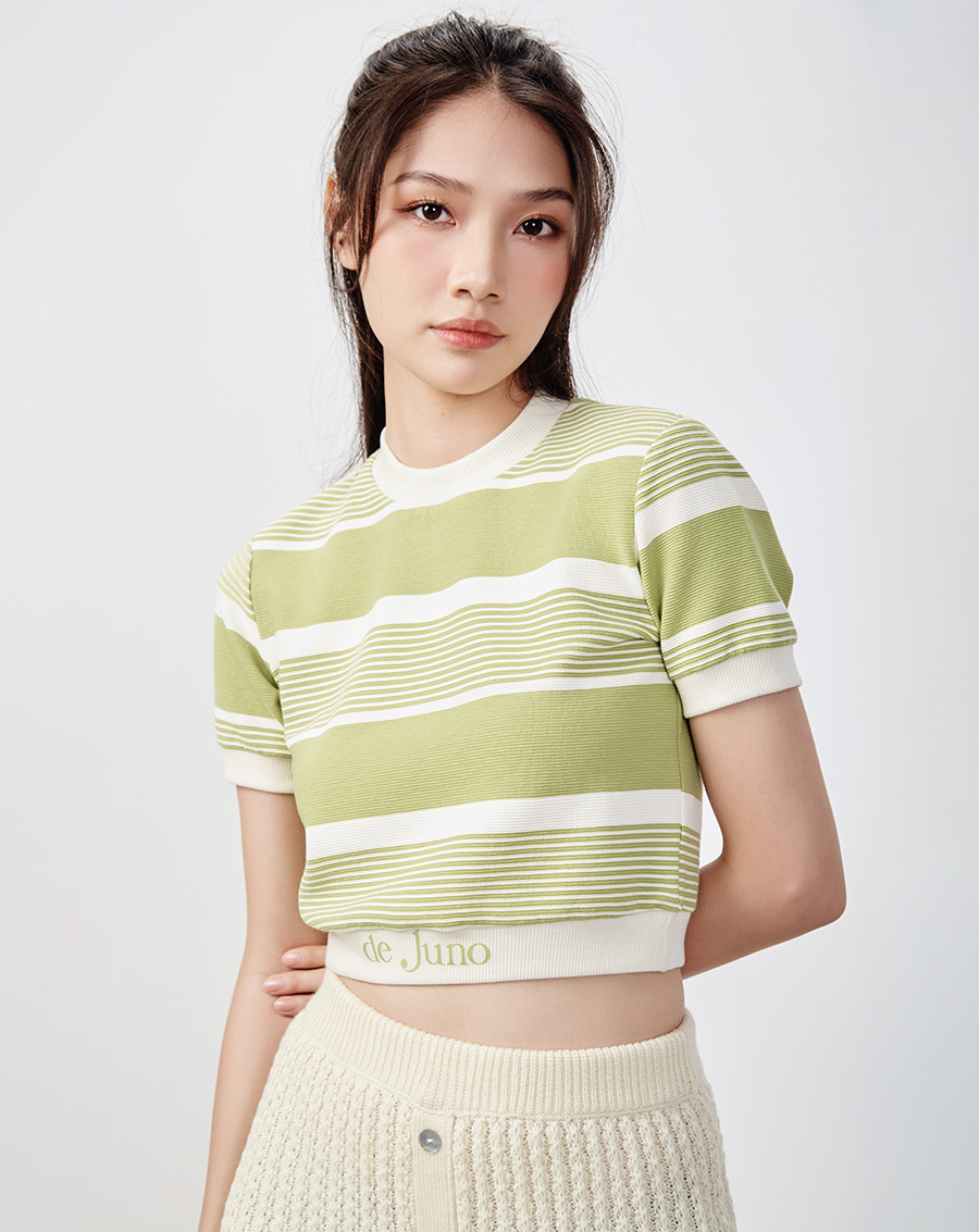 Áo crop sọc tay ngắn phối lai - Image 1
